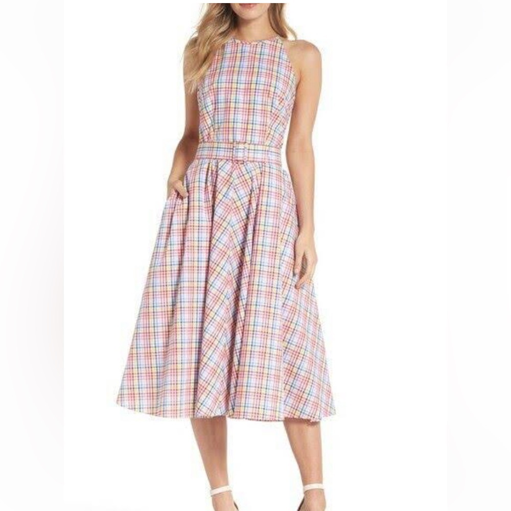 Eliza J Checked Halter Midi Dress 4 *No Belt*